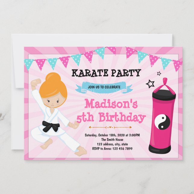 Cute karate birthday party invitation (Front)