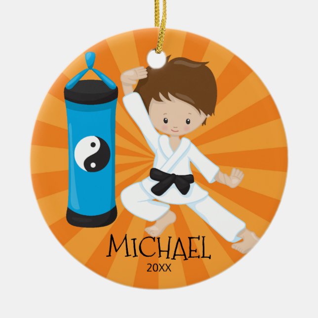 Cute Karate Boy Personalised Christmas Ornament (Front)