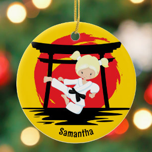 Cute Karate Girl Customisable Kids Name Christmas Ceramic Tree Decoration