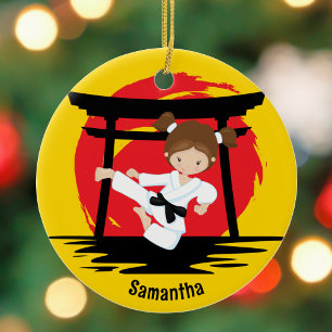 Cute Karate Girl Personalised Kids Name Christmas Ceramic Tree Decoration