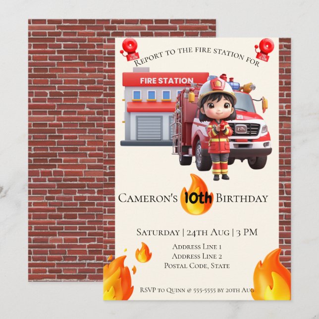 Cute Kawai Fire fighter Girl Theme Birthday  Invitation (Front/Back)