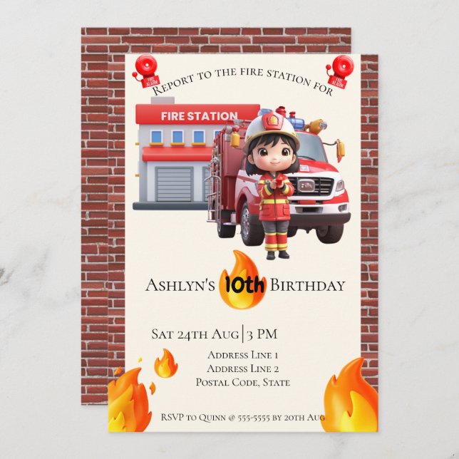 Cute Kawai Fire fighter Girl Theme Birthday  Invitation (Front/Back)