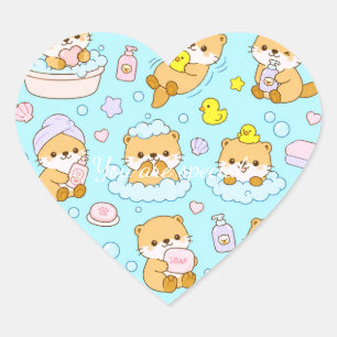 Cute Kawaii Animal Bath Time Pattern Blue Pastel Heart Sticker