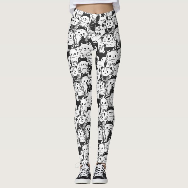 Cute Kawaii Animal Doodle Pattern (1) Leggings (Front)