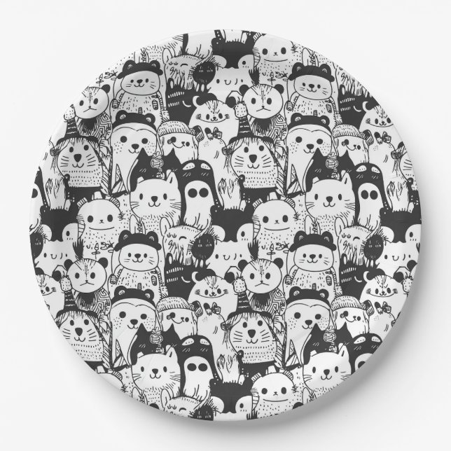 Cute Kawaii Animal Doodle Pattern (1) Paper Plate (Front)
