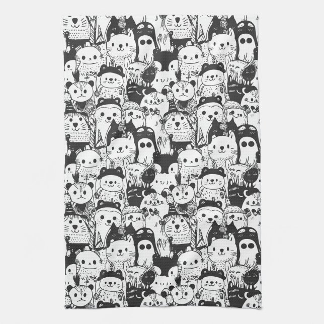 Cute Kawaii Animal Doodle Pattern (1) Tea Towel (Vertical)