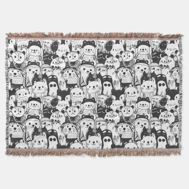 Cute Kawaii Animal Doodle Pattern (1) Throw Blanket (Front)
