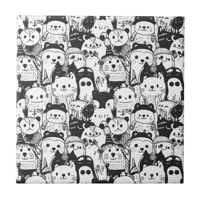 Cute Kawaii Animal Doodle Pattern (1) Tile (Front)