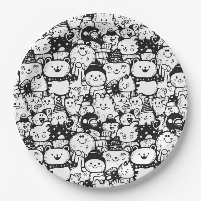 Cute Kawaii Animal Doodle Pattern (2) Paper Plate (Front)