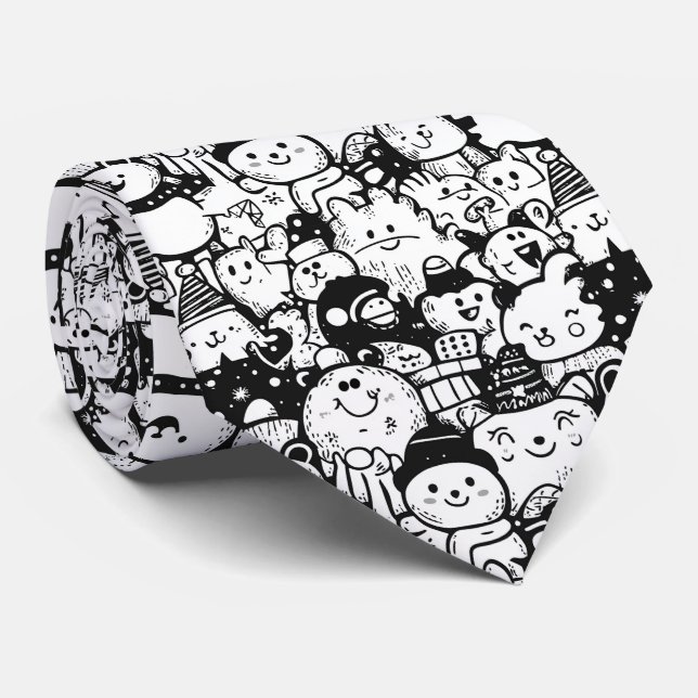Cute Kawaii Animal Doodle Pattern (2) Tie (Rolled)