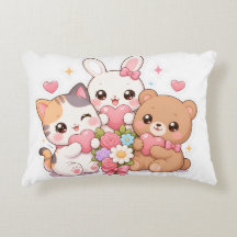 Cute Kawaii Animal Friends Hearts & Flowers Pillow