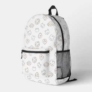 Cute Kawaii Animal Line Art Custom Name White Printed Backpack