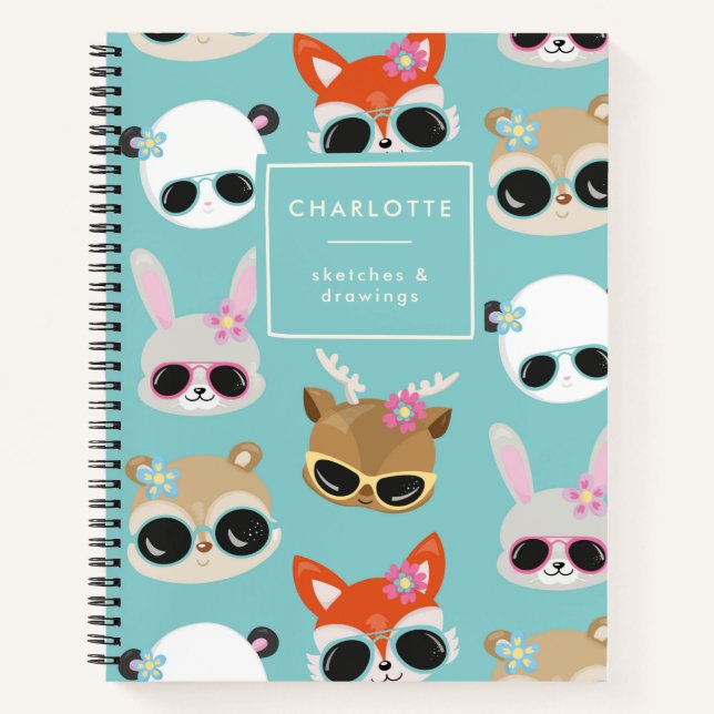 Cute Kawaii Animals Sunglasses Blue Name Drawing Notebook (Front)