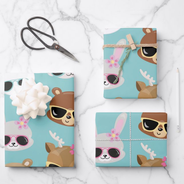 Cute Kawaii Animals Sunglasses in Blue  Wrapping Paper Sheet (Front)