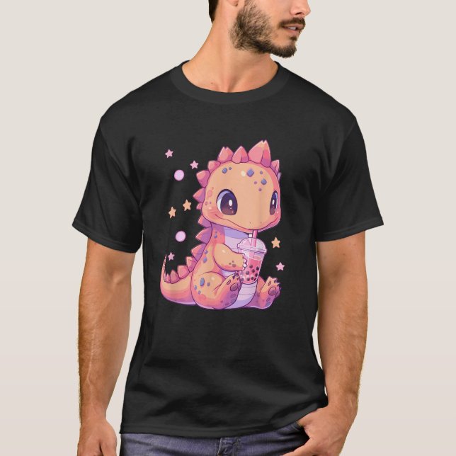 Cute Kawaii Anime Dinosaur Drinking Bubble Boba Te T-Shirt (Front)