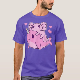 Cute Kawaii Aolotl And Narwhal  Anime Whale  T-Shirt