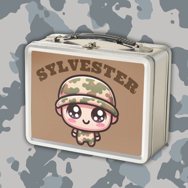 Cute Kawaii Army Camouflage Monogram on Brown | Metal Lunch Box (Creator Uploaded)