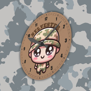 Cute Kawaii Army Camouflage Monogram on Brown   Round Clock
