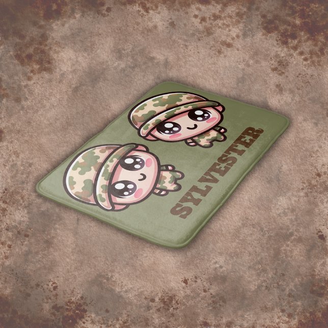 Cute Kawaii Army Camouflage Monogram on Green | Bath Mat (Creator Uploaded)