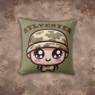 Cute Kawaii Army Camouflage Monogram on Green   Cushion