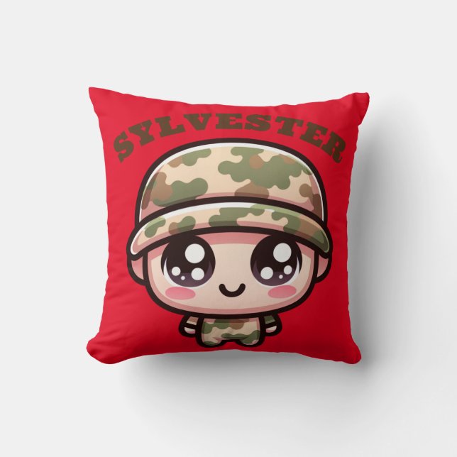 Cute Kawaii Army Camouflage Monogram on Red | Cushion (Front)