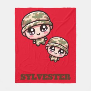 Cute Kawaii Army Camouflage Monogram on Red   Fleece Blanket