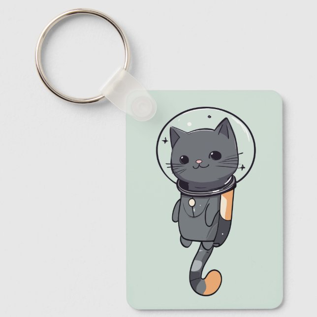 Cute Kawaii Astronaut Black Cat Key Ring (Front)