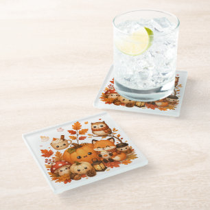Cute Kawaii Autumn Pumpkin Fox Owl Fall Animals Glass Coaster