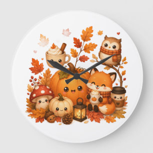 Cute Kawaii Autumn Pumpkin Fox Owl Fall Animals Large Clock