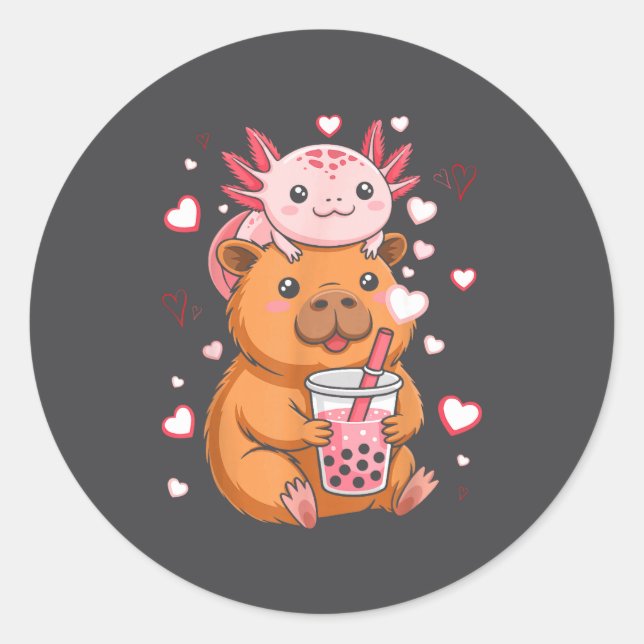 Cute Kawaii Axolotl Capybara Bubble Tea Boys Girls Classic Round Sticker (Front)