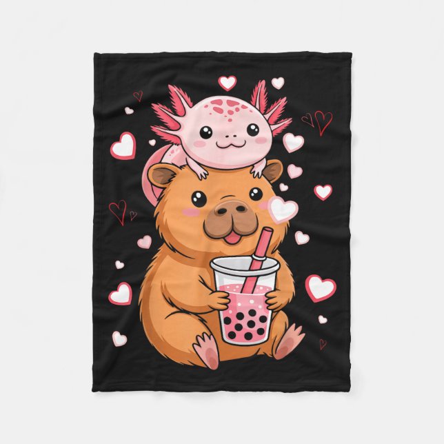 Cute Kawaii Axolotl Capybara Bubble Tea Boys Girls Fleece Blanket (Front)