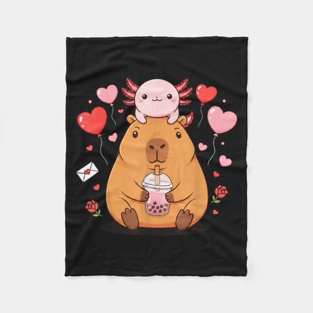 Cute Kawaii Axolotl Capybara Bubble Tea Boys Girls Fleece Blanket (Front)