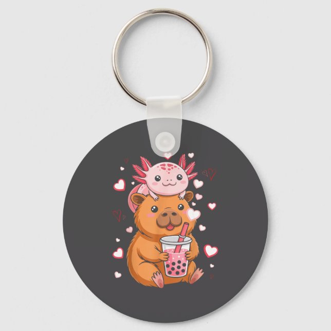 Cute Kawaii Axolotl Capybara Bubble Tea Boys Girls Key Ring (Front)