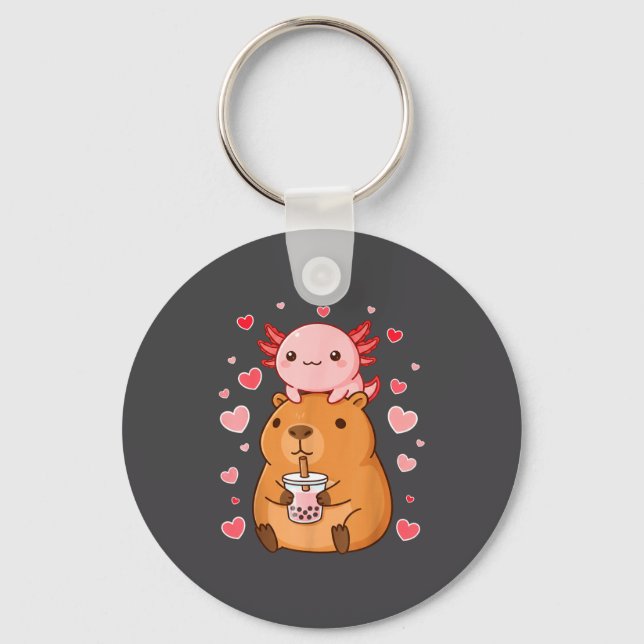 Cute Kawaii Axolotl Capybara Bubble Tea Boys Girls Key Ring (Front)