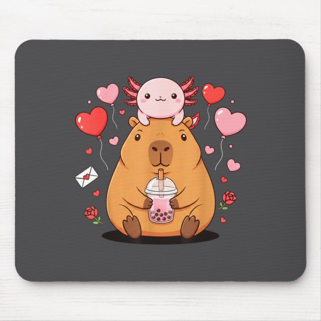 Cute Kawaii Axolotl Capybara Bubble Tea Boys Girls Mouse Mat (Front)