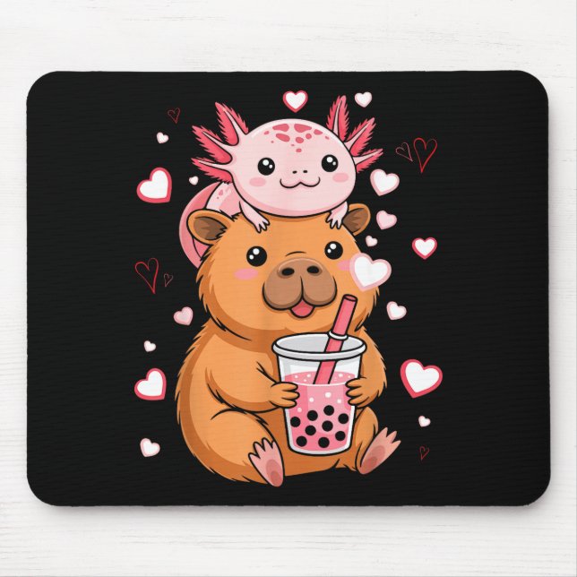 Cute Kawaii Axolotl Capybara Bubble Tea Boys Girls Mouse Mat (Front)