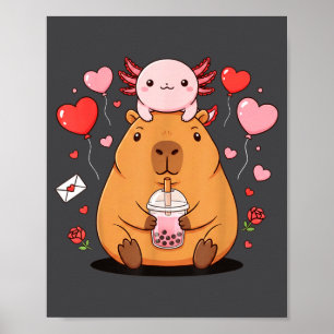 Cute Kawaii Axolotl Capybara Bubble Tea Boys Girls Poster