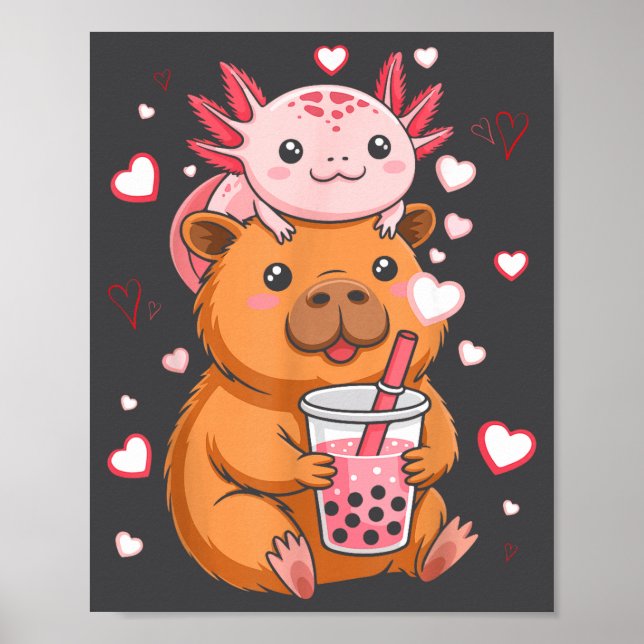 Cute Kawaii Axolotl Capybara Bubble Tea Boys Girls Poster (Front)