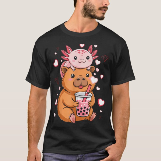 Cute Kawaii Axolotl Capybara Bubble Tea Boys Girls T-Shirt (Front)