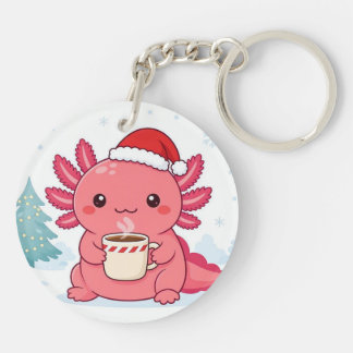 Cute Kawaii Axolotl Christmas Coffee Round Keychai Key Ring