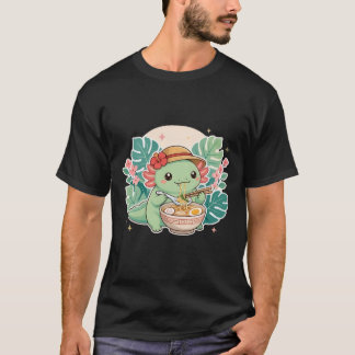 Cute Kawaii Axolotl Eating Ramen Noodle Dark  T-Shirt