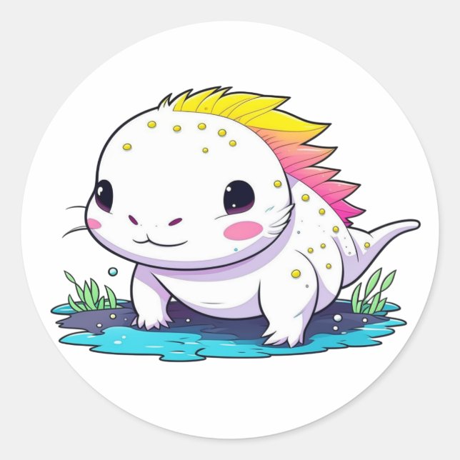 Cute Kawaii Axolotl in Water Classic Round Sticker (Front)