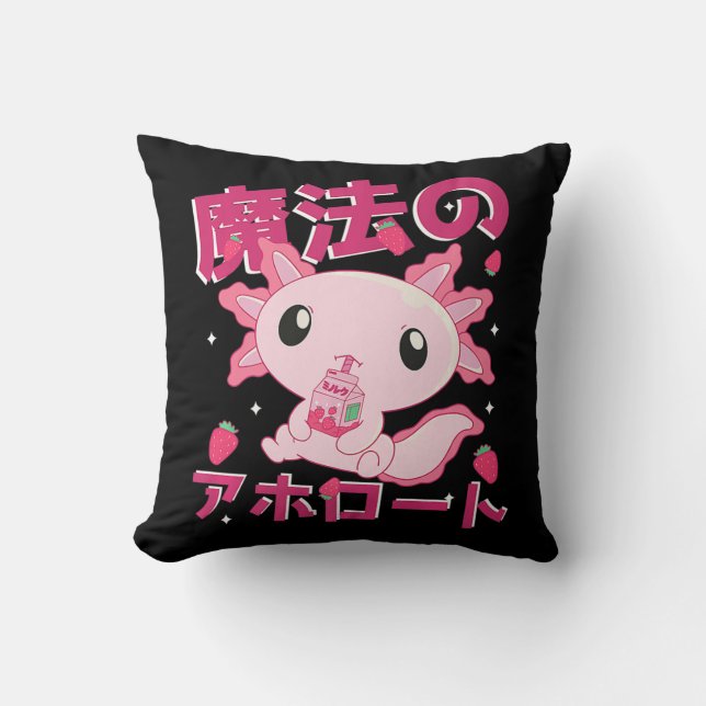Cute Kawaii Axolotl Strawberry Milk Shake Japanese Cushion (Front)