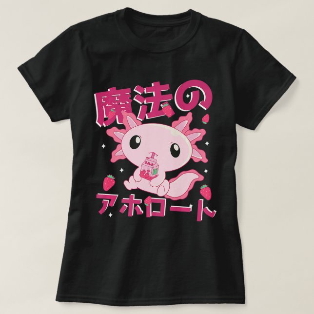 Cute Kawaii Axolotl Strawberry Milk Shake Japanese T-Shirt (Design Front)