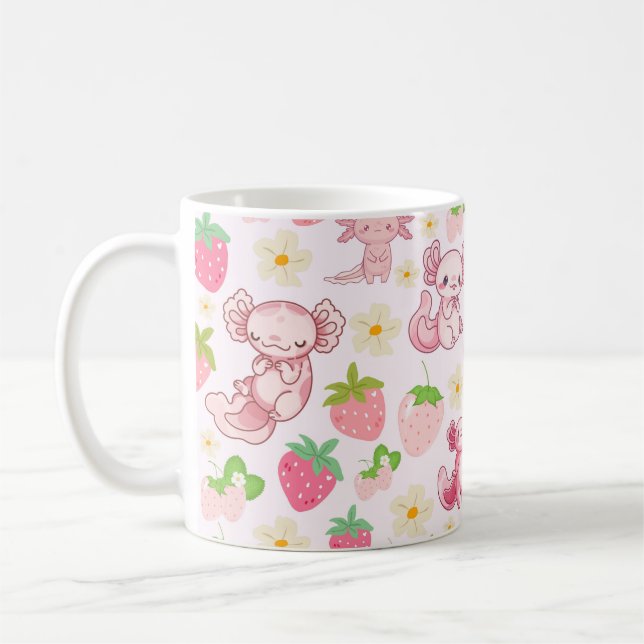 Cute Kawaii Axolotl & Strawberry Seamless Pattern Coffee Mug (Left)