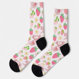 Cute Kawaii Axolotl & Strawberry Seamless Pattern Socks