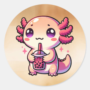 Cute Kawaii Axolotl with Bubble Tea Classic Round Sticker