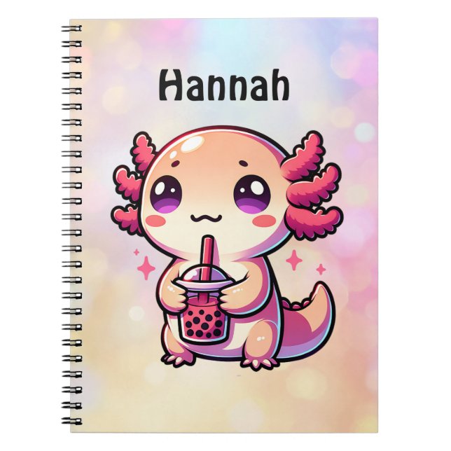 Cute Kawaii Axolotl with Bubble Tea Personalised Notebook (Front)