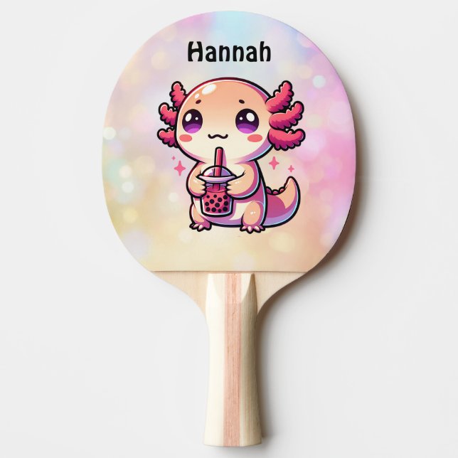 Cute Kawaii Axolotl with Bubble Tea Personalised Ping Pong Paddle (Front)