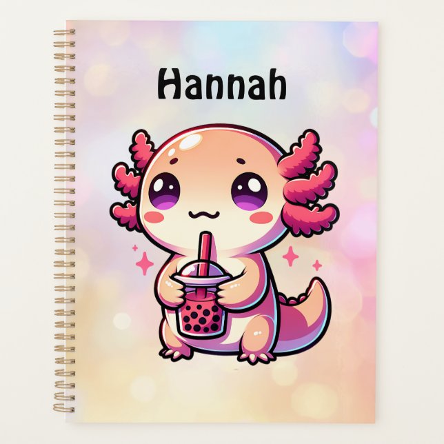 Cute Kawaii Axolotl with Bubble Tea Personalised Planner (Front)